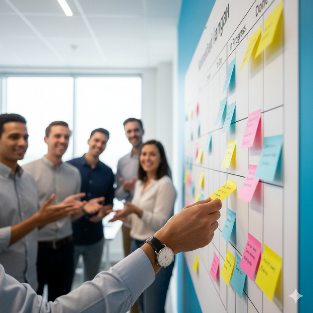 A dynamic shot of a team working with an Agile or Kanban board filled with sticky notes.